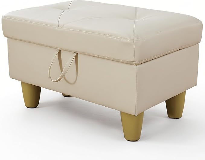 Ottoman Rectangular Storage Ottoman Bench, Faux Leather Footrest, Coffee Table, Stool Footstool with Hinged Lid for Living Room, Bedroom, Entryway, Off-White, 28.5"x19"x17.5"
