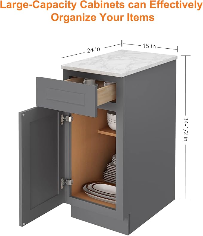 LOVMOR Kitchen Base Cabinets, Sideboard Storage Cabinet, Entryway Cabinet with 1-Drawer & Adjustable Shelf, 15" W X 24" D X 34-1/2"H