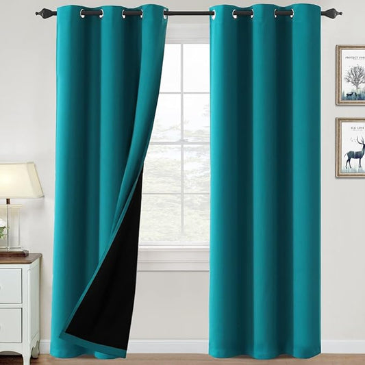 H.VERSAILTEX 100% Blackout Curtains for Bedroom Thermal Insulated Blackout Curtains 84 inch Length Heat and Full Light Blocking Curtains for Living Room with Black Liner 2 Panels Set, Turquoise Blue