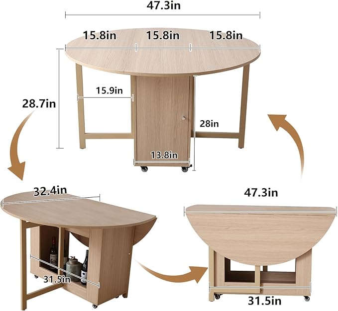 Wood Round Folding Dining Table with 2 Chairs, 47.3" Folding Table and Chairs with Storage Shelf Metal Legs for Home Dining Room Living Room, Space Saving Foldable Dining Table with 2 Chairs