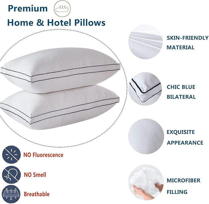 Gehannah Bed Pillows for Sleeping, Luxury Plush Soft Pillow with Home and Hotel, Breathable Microfiber Cover Skin-Friendly Pillows for Side Back Sleepers (White, Queen (Pack of 4))