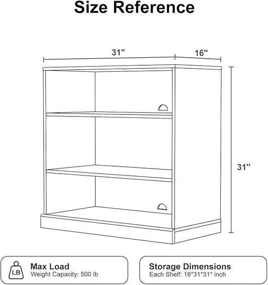 Casaphoria 31" H Wooden Bookshelves, 3 Tier Heavy Duty Bookshelf with Adjustable Shelves, Farmhouse Bookshelf with 16" Deep Storage Space for Living Room,Bedroom & Home Office