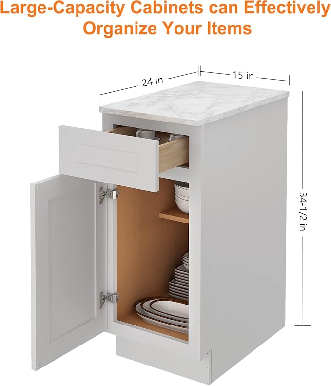 LOVMOR Kitchen Base Cabinets, Sideboard Storage Cabinet, Entryway Cabinet with 1-Drawer & Adjustable Shelf, 15" W X 24" D X 34-1/2"H (Light Gray)