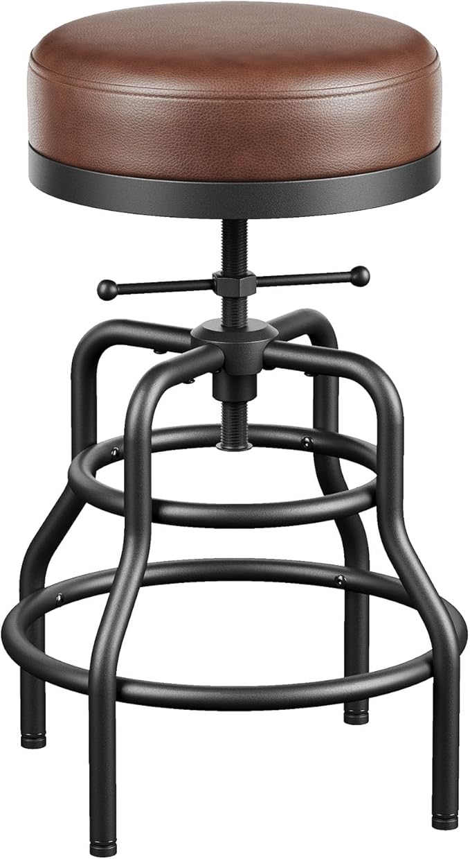 Adjustable Height Swivel Bar Stool, 22-29 Inch Industrial Vintage Bar Counter Height Stool with Thicken Premium Bonded Leather Seat & Updated Footrest, Easy Assembly, Brown