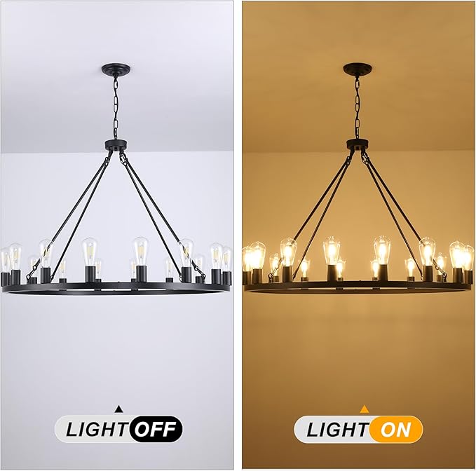 16 Lights Black Wagon Wheel Chandelier, 40 inch Large Farmhouse Light Fixture Round Rustic Pendant Light, Outdoor Wagon Chandelier for Porch High Ceilings Dining Room Living Room Entryway