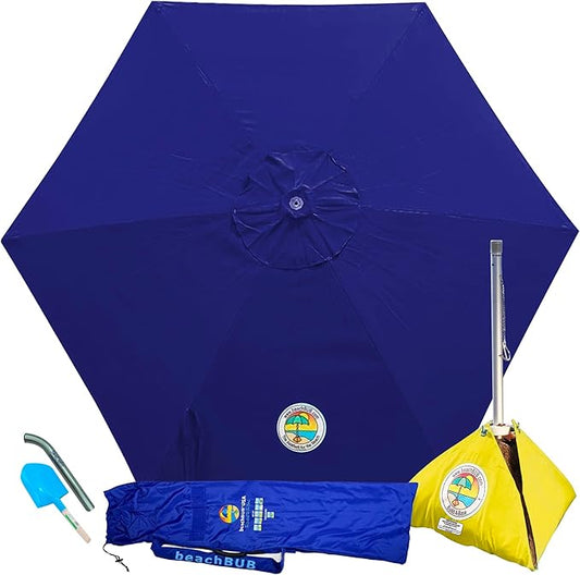 BEACHBUB ALL-IN-ONE BEACH UMBRELLA SYSTEM. Includes ULTRA Base (compliant with the ASTM F3681-24 Beach Umbrella Safety Standard). (Deep Ocean Blue)