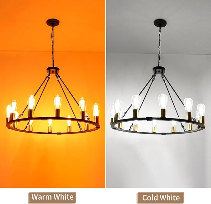 31.5“ 12 Light Wagon Wheel Chandelier Black Gold, Farmhouse Chandelier, Rustic Dining Room Light Fixture, Vintage Round Pendant Lighting for Kitchen Living Room Dining Room Foyer