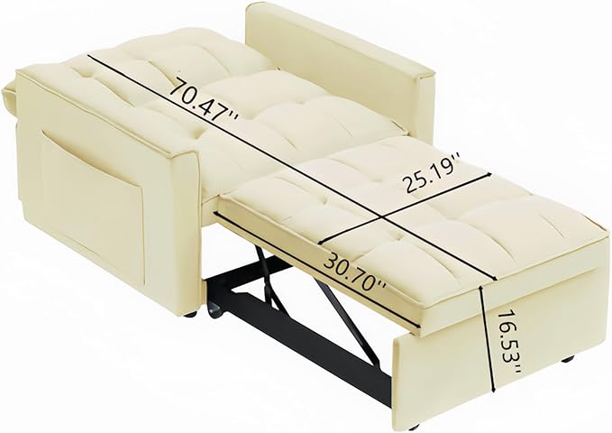 Sleeper Chair, Pull Out Chair Sleeper with Adjustable Back & Pocket, Convertible Chairs Bed Sleepers for Adults, 3 in 1 Sofa Bed Chairs for Small Spaces, Living Room, White
