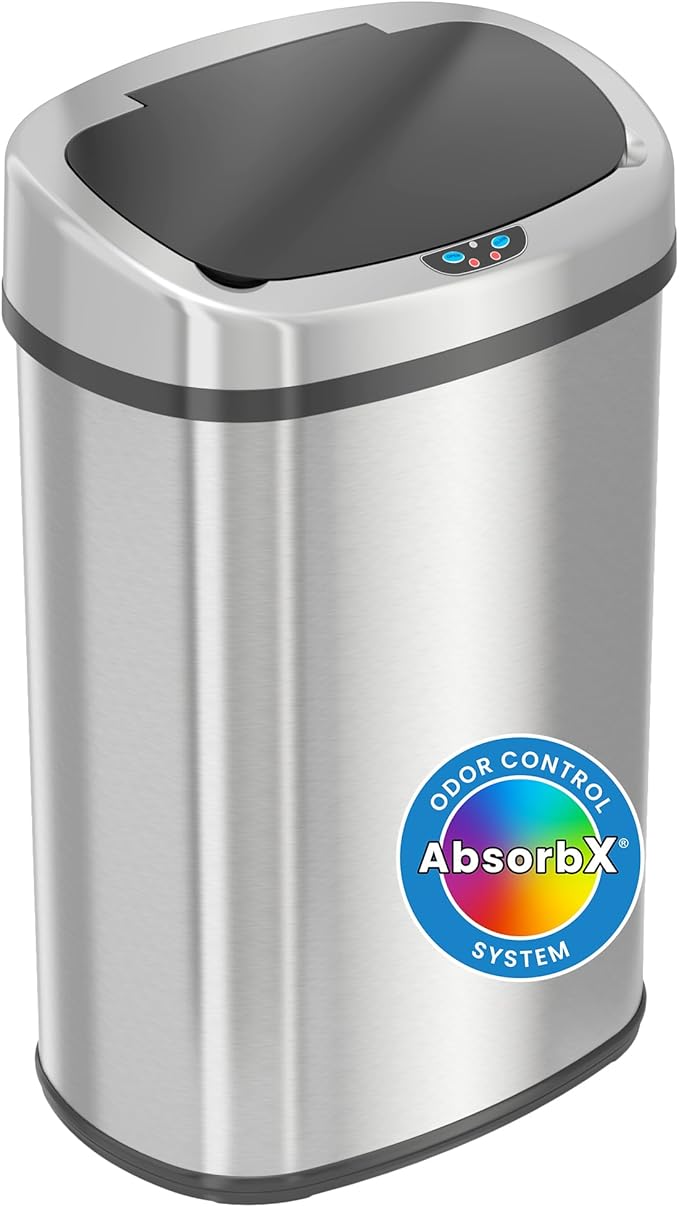 iTouchless 13 Gallon Oval Sensor Trash Can with Odor Filter, 50 Liter Automatic Kitchen Garbage Bin, Fingerprint-Proof Stainless Steel, Smart Hands-Free Motion Lid, Quiet Soft-Close, Brushed Silver
