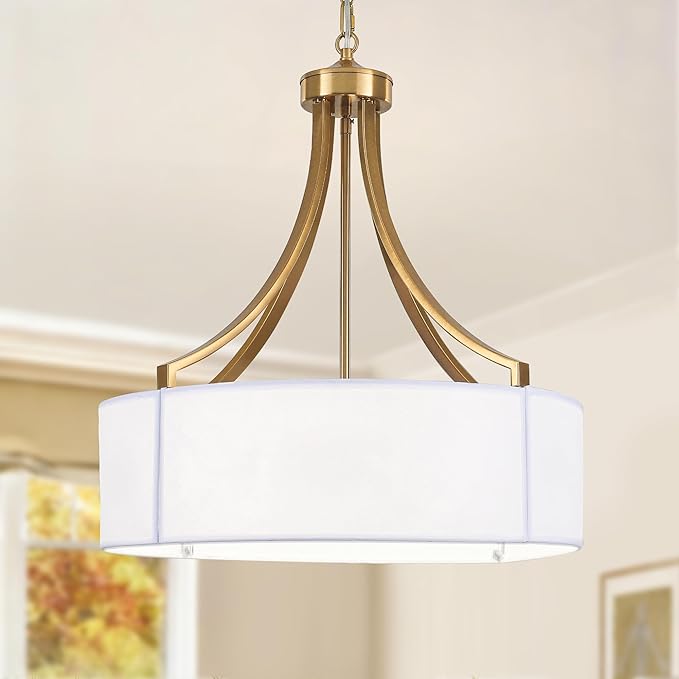 20" Modern Gold Farmhouse Drum Chandeliers for Dining Room, 6-Light Rustic Drum Pendant Light with White Fabric Shade, Hanging Light Fixture for Living Room Bedroom Foyer Kitchen Island Entryway