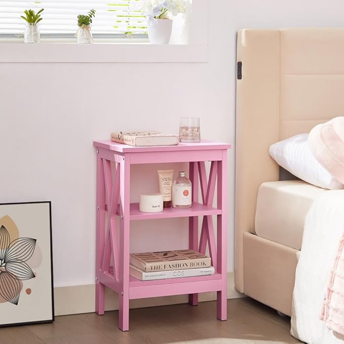 VECELO End Table Set of 2, Bedside Table, 24" Tall Living Room End Tables, X-Design Reinforced Nightstands, Side Table with 3-Tier Storage Shelves for Small Spaces, Office, Bathroom, Bedroom, Pink