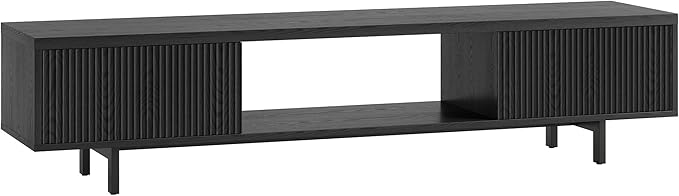 Henn&Hart Fluted TV Stand for TVs up to 78" with 2 Ribbed Side Storage Cabinets and Open Center Storage for Living Room, Family Room, or Office, Natural Black
