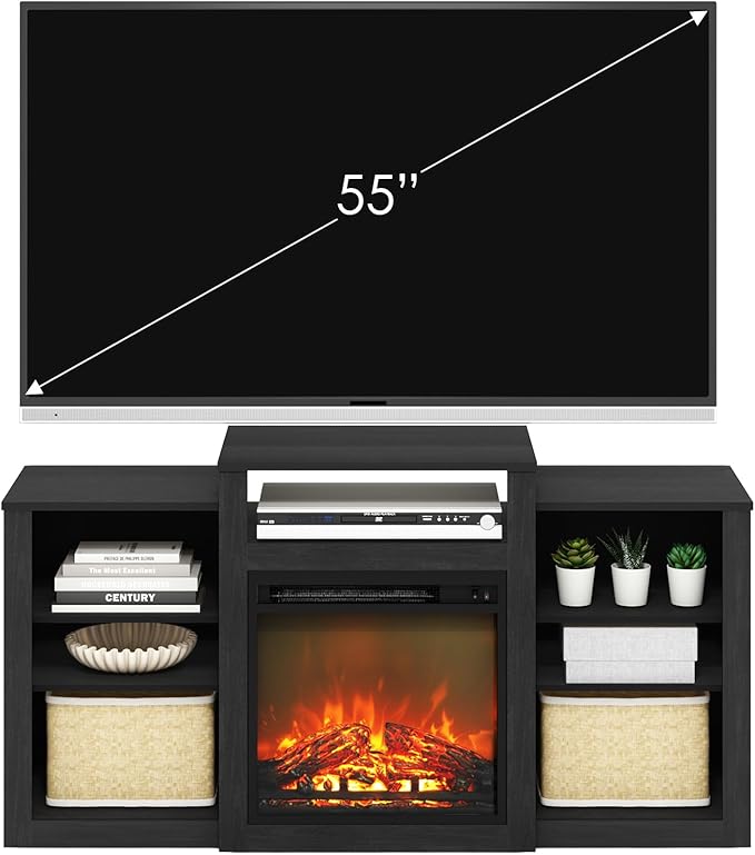 Furinno Jensen Fireplace TV Stand, Entertainment Center, TV Console for TV up to 55 Inch with Electric Fireplace, for Living Room, Bedroom, Americano