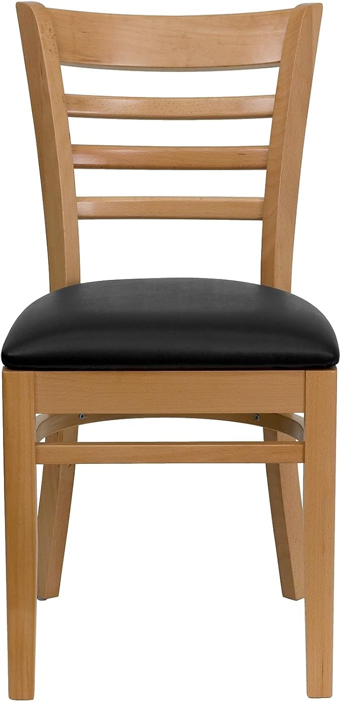 Flash Furniture HERCULES Series Ladder Back Natural Wood Restaurant Chair - Black Vinyl Seat