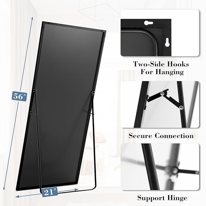 DUMOS Full Length Mirror with Stand, 56"x21" Floor Mirror with Aluminum Alloy Frame for Bedroom, Standing Full Body Mirror with Shatter-proorf Nano Glass for Wall, Living Room, Cloakroom, Black