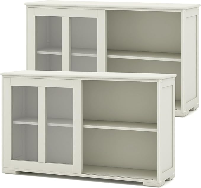 Byroce Sideboard Buffet Cabinet, Stackable Storage Coffee Bar Cabinet w/Adjustable Shelf & Glass Sliding Doors, Wood Cupboard Credenza Console Table for Kitchen Dining Living Room (2, Antique White)