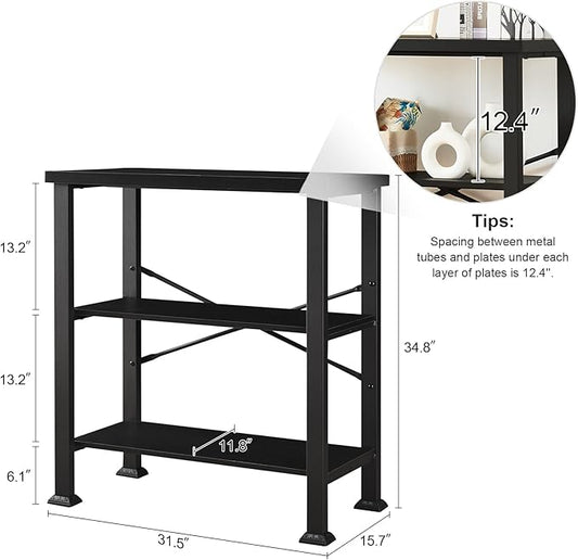 HOMBAZAAR 3 Tier Bookshelf,Black Industrial Book Shelf,Engineered Wood and Metal Small Bookcases,Low Shelf Bookcase for Living Room,Office,Bedroom and Kitchen