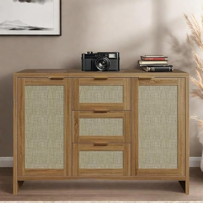 Modern Rattan Buffet Cabinet Sideboard with Storage,47" Boho Credenza Buffet Console Table with Drawers&Doors,Wooden Coffee Bar Cabinet for Entryway/Living Room/Farmhouse(Natural Oak,1pc)