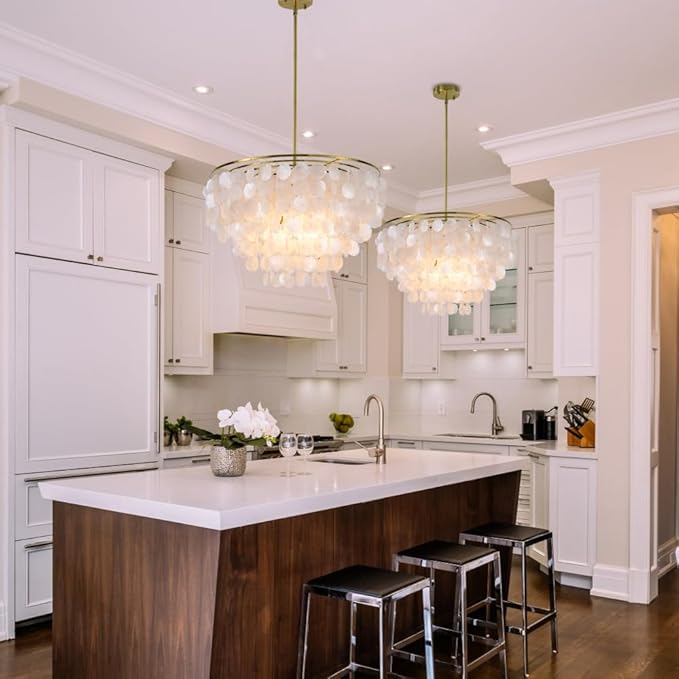 Wellmet Capiz Shell Chandelier, 6 Lights Gold Coastal Chandeliers for Dining Room, Modern Pendant Lighting Fixtures with Seashell Shade for Bedroom Living Room Hallway Foyer, W-23.62”