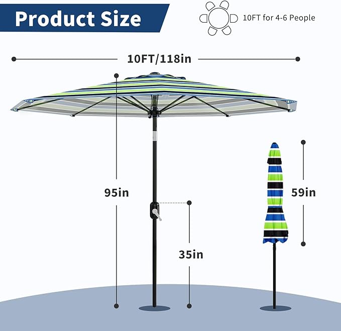 Garvee 10FT Patio Umbrella - Outdoor Table Umbrella with Crank Lift & Push Button Tilt - Market Umbrella 8 Sturdy Ribs UV Protection for Pool, Deck, Yard, Garden