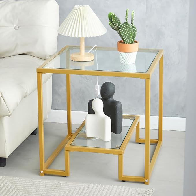 Modern and Simple Two Tier Golden Metal Side Table with Tempered Glass Top, Perfect as Bedside Table, Nightstand, 21 inch Small Modern Side Table for Bedroom, Dinning Room, Office