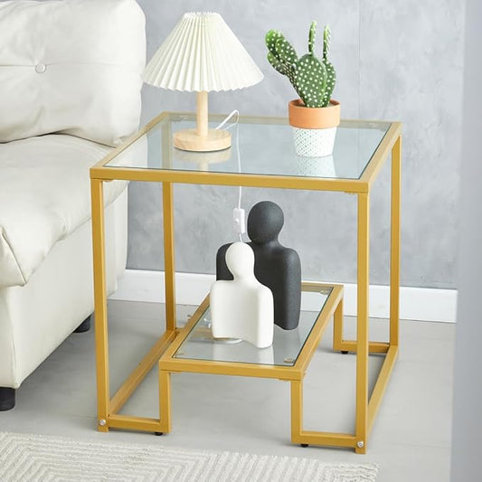Modern and Simple Two Tier Golden Metal Side Table with Tempered Glass Top, Perfect as Bedside Table, Nightstand, 21 inch Small Modern Side Table for Bedroom, Dinning Room, Office