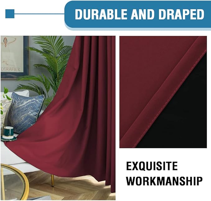 H.VERSAILTEX 100% Blackout Curtains for Bedroom Thermal Insulated Blackout Curtains 84 inch Length Heat and Full Light Blocking Curtains for Living Room with Black Liner 2 Panels Set, Burgundy