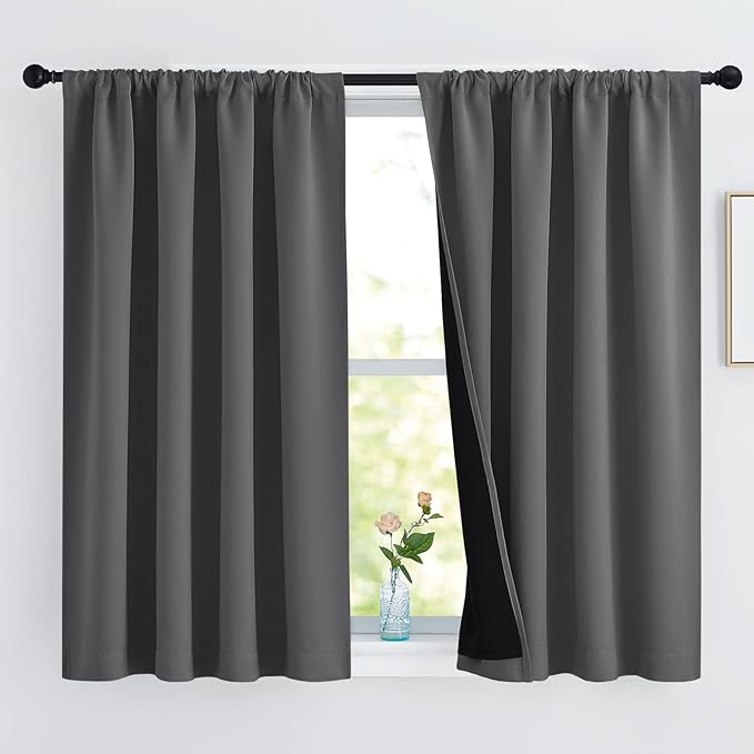 NICETOWN 100% Blackout Curtains for Bedroom with Rod Pocket, Thermal Insulated 2-Layer Lined Drapes, Energy Efficiency Window Draperies for Dining Room (Grey, 2 PCs, 52-inch W by 45-inch L)