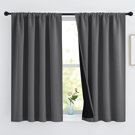 NICETOWN 100% Blackout Curtains with Black Liners, Thermal Insulated Rod Pocket Full Blackout 2-Layer Lined Drapes, Noise Reducing Window Draperies for Nursery (Grey, 2 Panels, 52 W by 54 L)