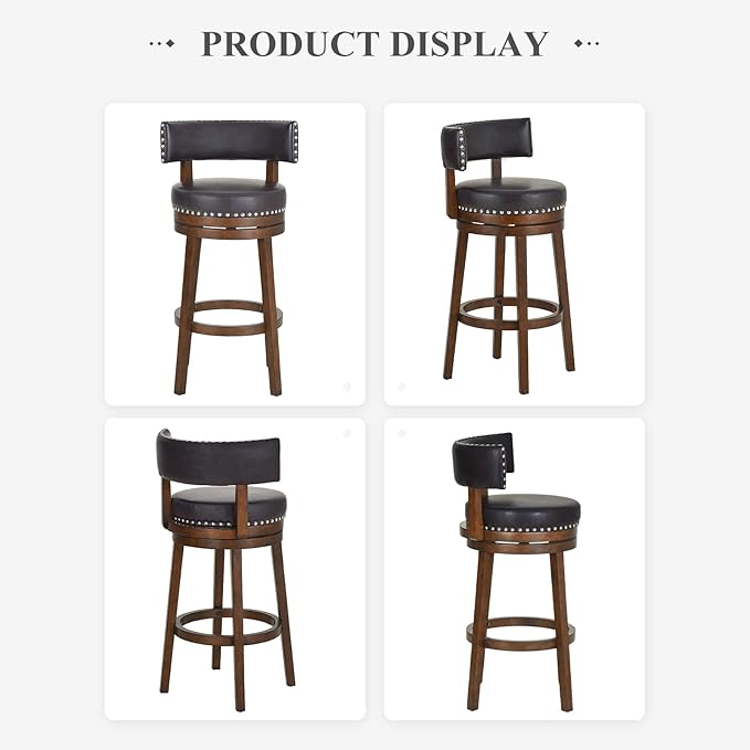 COLAMY Swivel Bar Stools Set of 2, 30 Inch Swivel Bar Height Bar Chairs, Modern Upholstered Wood Barstools with Back for Kitchen Island Dining Room, Dark Brown