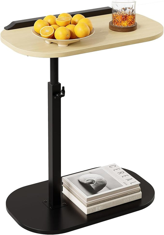 C Shaped End Side Table with Anti-Drop Rod, Adjustable Height & 360° Swivel Snack Table for Couch, Sofa, Bedroom, Living Room, TV Tray Table for Eating, Dinner or Laptop, Small Spaces, Wood