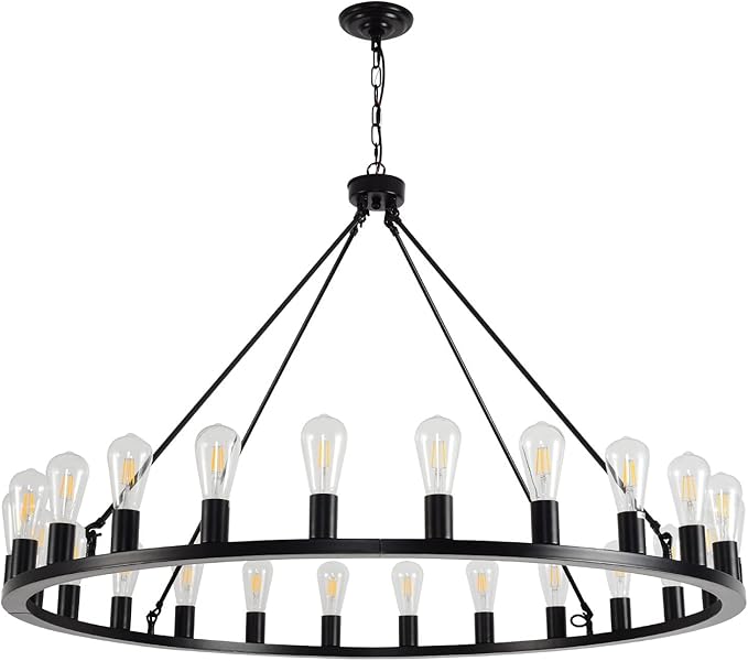 Wagon Wheel Chandelier 24-Light 48-Inch, Black Round Rustic Farmhouse Chandelier Extra Large for High Ceilings, Dining Room, Living Room
