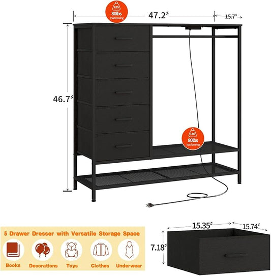 Dresser for Bedroom, Dresser with Hanging Rack Led Lights and Charging Station, Black Bedroom Dresser with 5 Fabric Chest of Drawers with PU Finish Storage Organizer, for Living Room Hallway, Black