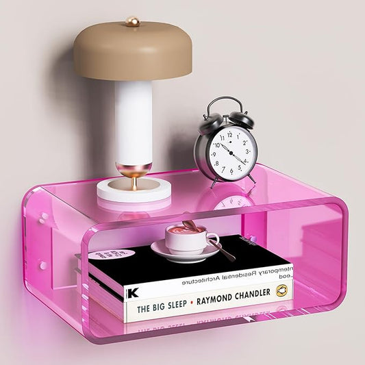 Acrylic Floating Nightstand, Bedside Table, Nightstand Shelf Wall Mounted Bedside Shelf (Pink, Small)
