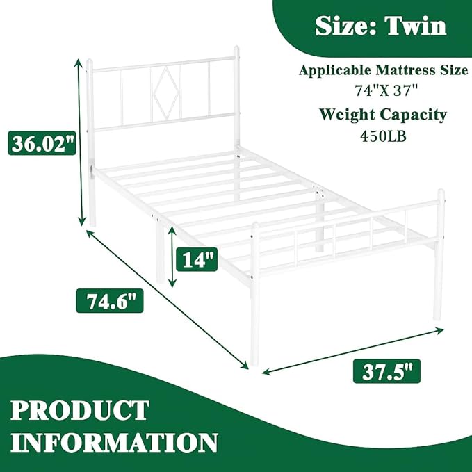 14 Inch Twin Size Bed Frames with Headboard/Footboard, Under Bed Storage, Strong Metal Slats Support, No Box Spring Needed, Noise Free, Easy Assembly, White