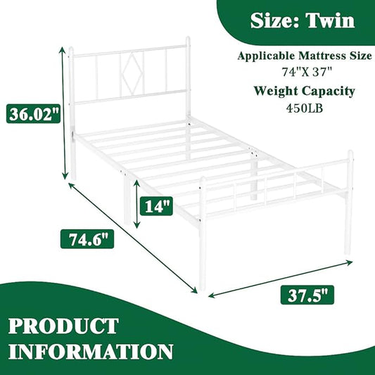 14 Inch Twin Size Bed Frames with Headboard/Footboard, Under Bed Storage, Strong Metal Slats Support, No Box Spring Needed, Noise Free, Easy Assembly, White