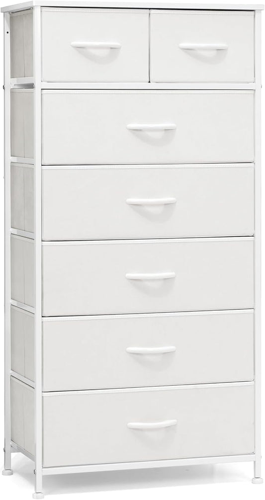 Crestlive Products Vertical Dresser Storage Tower - Sturdy Steel Frame, Wood Top, Easy Pull Fabric Bins, Handles - Organizer Unit for Bedroom, Hallway, Entryway, Closets - 7 Drawers (White)