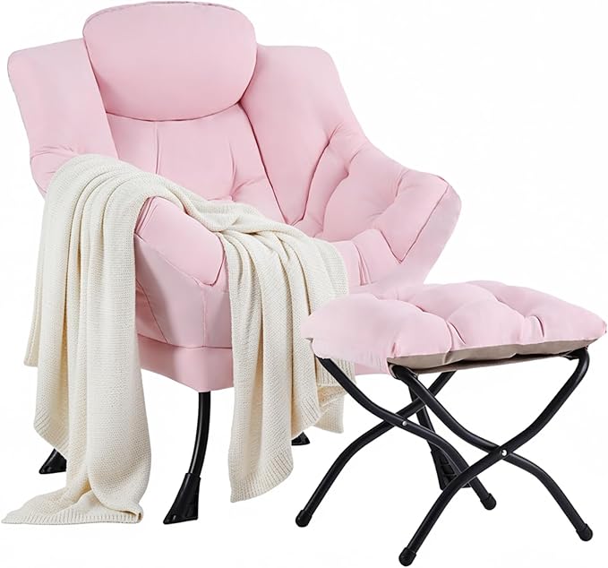 Cozy Lazy Chair with Ottoman, Large Contemporary Accent Peach Pink Chair Set, Leisure Upholstered Reading Armchair for Office, Bedroom, Living Room, Dorm Rooms, Balcony