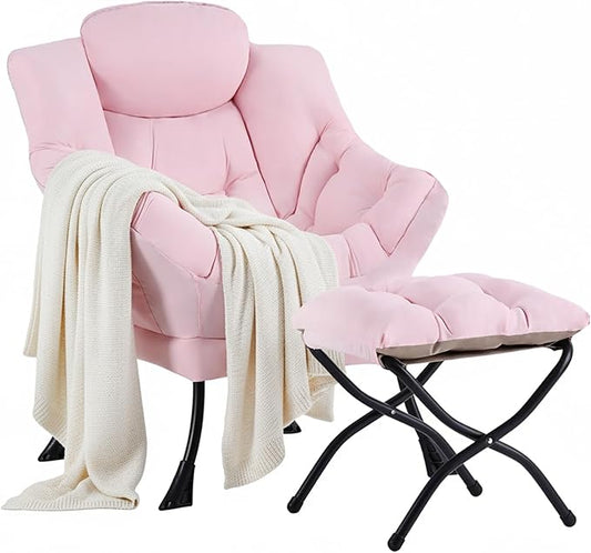 Cozy Lazy Chair with Ottoman, Large Contemporary Accent Peach Pink Chair Set, Leisure Upholstered Reading Armchair for Office, Bedroom, Living Room, Dorm Rooms, Balcony