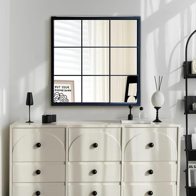 Black Window Mirror 27"X27",Gird Decor Minimalism Wall Mounted Mirrors for Entryway,Hallway,Living Room,Fireplace