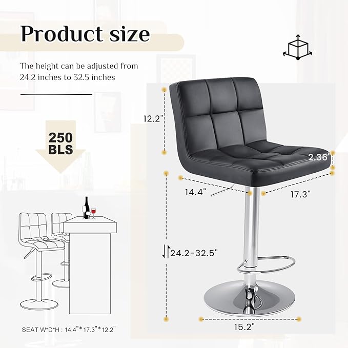 DUMOS Bar Stools Set of 4, 24 inch Counter Height Bar Stools, Upholstered Modern Kitchen Barstools with Metal Base, PU Leather Saddle Stools for Kitchen Island, Inky Black