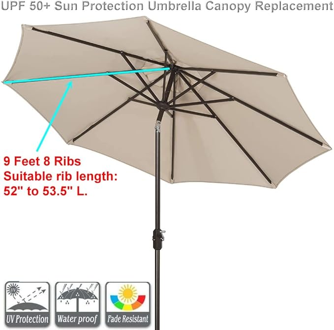 9ft Patio Umbrella Replacement Canopy Market Umbrella Top Outdoor Umbrella Canopy with 8 Ribs,Vented Canopy, Fade Resistant, UPF 50+ Excellent Sun Protection