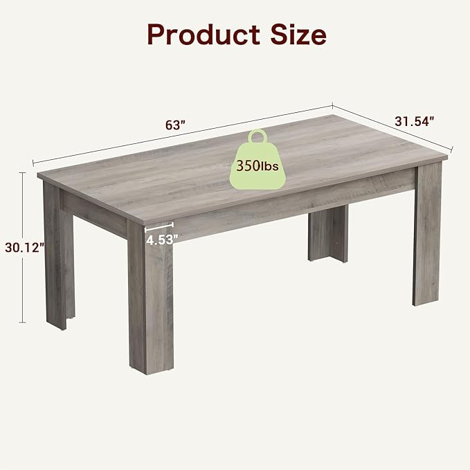 Garvee Wood Farmhouse Dining Table for 4-6, Heavy Duty Large Kitchen Table, 63 Inches Long Rectangular Dining Room Tables with Strong Legs, Thickness Tabletop, for Big Family, Dinette, Rustic Gray