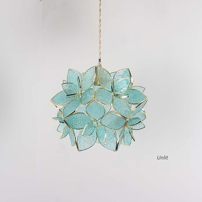 Bieye L10918 Petals Tiffany Style Stained Glass Ceiling Pendant Light for Home Decoration (Textured Aqua Blue, 12" Rose Lily)