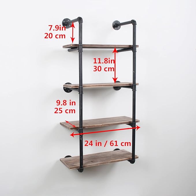 MBQQ Industrial Pipe Shelving Wall Mounted,24in Rustic Metal Floating Shelves,Steampunk Real Wood Book Shelves,Wall Shelf Unit Bookshelf Hanging Wall Shelves,Farmhouse Kitchen Bar Shelving(4 Tier)