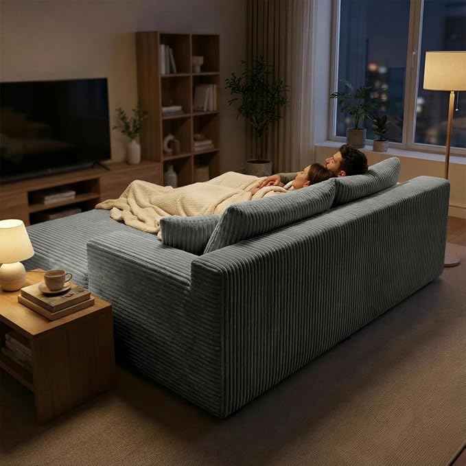 SYTOPIA Loveseat Chaise Lounge with Armrests, Oversized Sofa Bed with 4 Pillows, Cozy Boneless Sleeper, Modular Sectional Couch for Living Room Bedroom, Floor Chair Furniture sala Corduroy, Urban Grey