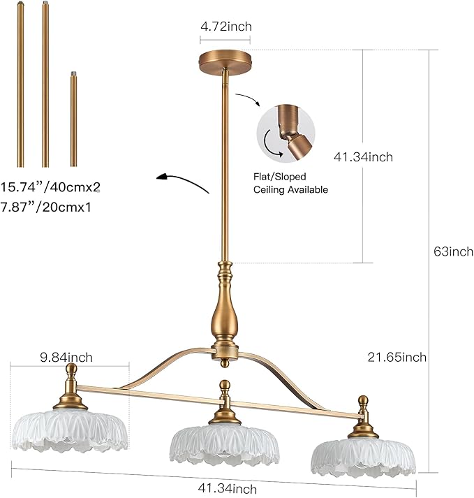 HDDFL Chandeliers Pendant Light Fixture Vintage Pendant Lighting Fixtures 3 Lights Chandelier Kitchen Glass Hanging Lamp for Island Dining Living Room Brass and White