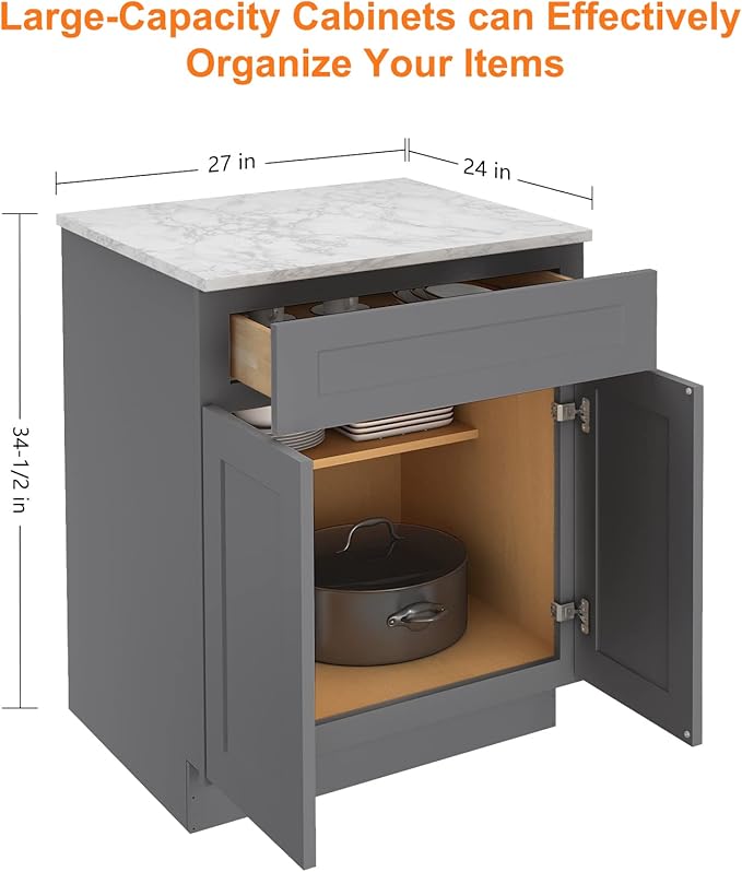 LOVMOR Kitchen Base Cabinets, Sideboard Storage Cabinet, Entryway Cabinet with 1-Drawer & Adjustable Shelf, 27" W X 24" D X 34-1/2"H