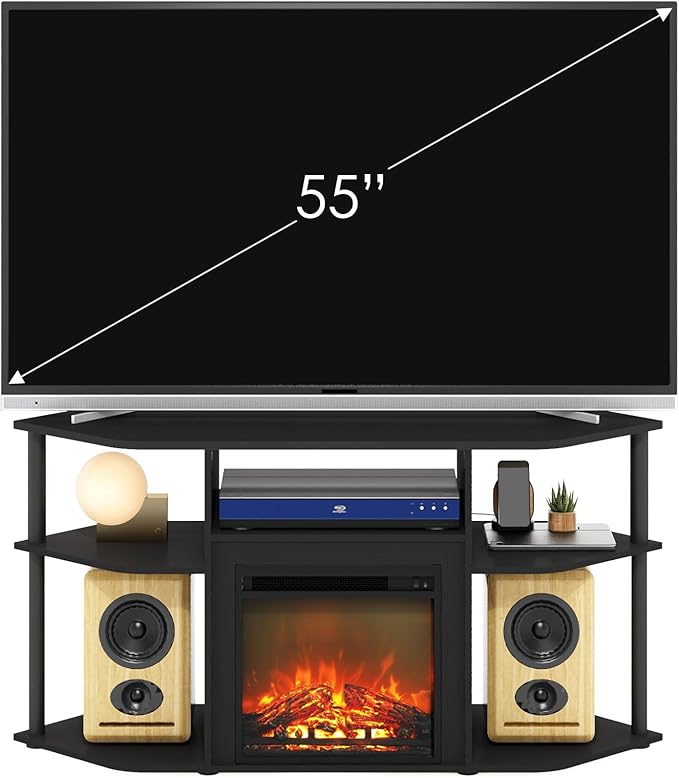 Furinno Jensen Fireplace TV Stand, Corner Entertainment Center, TV Console for TV up to 55 Inch with Fireplace, Plastic Poles and Open Storage, for Living Room, Bedroom, Americano