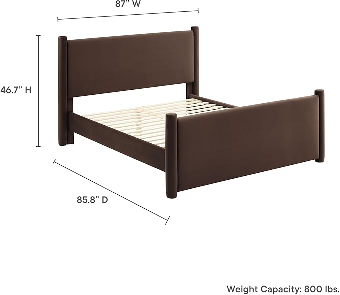 Modway Rael King Platform Bed Frame with Upholstered Headboard and Footboard in Chocolate Brown – Stain-Resistant Performance Velvet King Size Bed with Rounded Posts